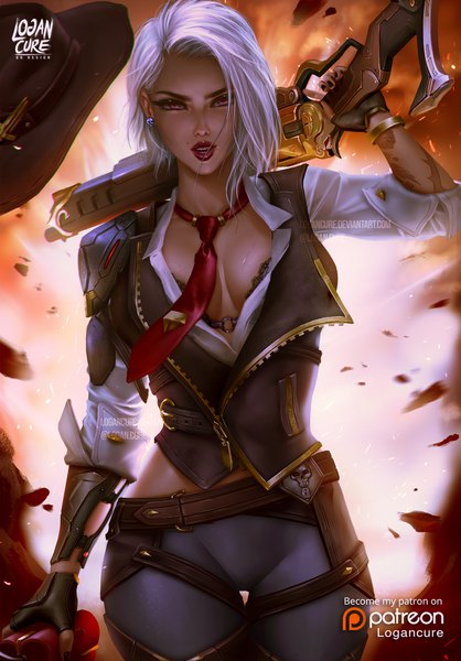 Anime picture 1500x2152 with overwatch blizzard entertainment ashe (overwatch) logan cure single tall image looking at viewer short hair breasts open mouth light erotic red eyes holding signed cleavage silver hair nail polish parted lips realistic tattoo