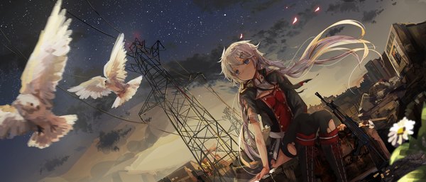 Anime picture 2328x1000 with girls frontline ots-12 (girls frontline) icywood single long hair blush fringe highres blue eyes hair between eyes wide image standing sitting looking away cleavage silver hair outdoors wind night arm support