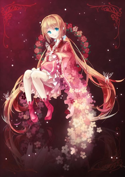 Anime picture 2480x3508 with original cathy inaba single long hair tall image highres blue eyes blonde hair twintails absurdres girl flower (flowers) insect butterfly