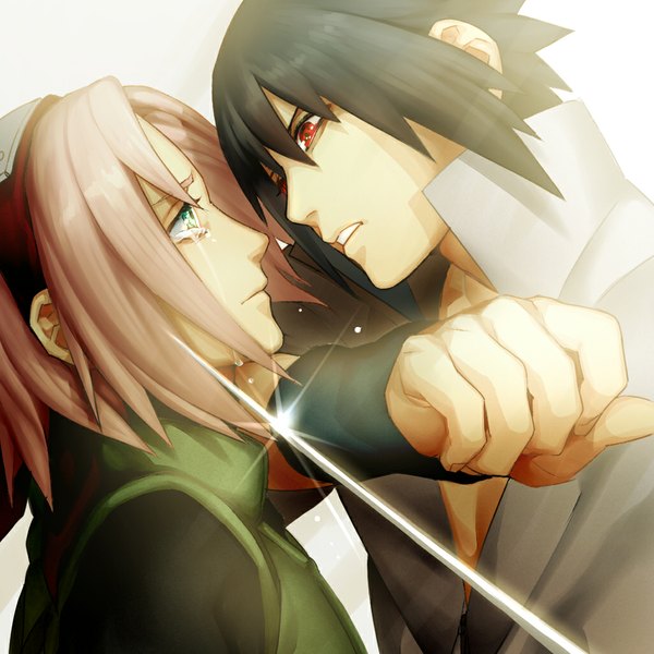 Anime picture 1024x1024 with naruto studio pierrot naruto (series) uchiha sasuke haruno sakura tayuya1130 short hair black hair simple background red eyes green eyes pink hair profile grey background tears close-up face to face crying sharingan girl