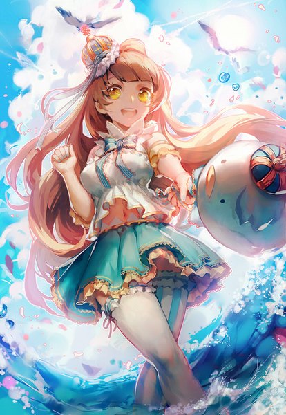 Anime picture 616x893 with love live! school idol project sunrise (studio) love live! minami kotori minami kotori (bird) leclle single long hair tall image looking at viewer fringe breasts open mouth brown hair holding yellow eyes sky cloud (clouds) sunlight teeth
