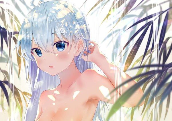 Anime picture 2064x1457 with original gyozanuko single long hair looking at viewer blush fringe highres breasts open mouth blue eyes light erotic hair between eyes blue hair upper body ahoge arm up shadow armpit (armpits) adjusting hair