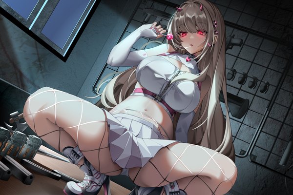 Anime picture 4134x2756 with goddess of victory: nikke viper (nikke) shitsurakuen (paradise lost) single long hair looking at viewer fringe highres breasts open mouth light erotic red eyes brown hair large breasts holding absurdres bent knee (knees) indoors blunt bangs head tilt