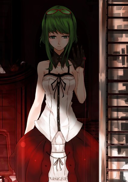 Anime picture 847x1200 with vocaloid uso to diamond (vocaloid) gumi mille (dieci) single tall image fringe short hair breasts standing green eyes green hair alternate costume looking down sad glasses on head girl dress gloves black gloves