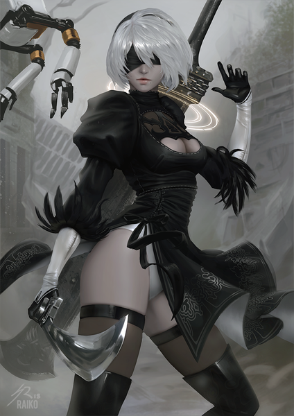 Anime picture 848x1200 with nier nier:automata yorha no. 2 type b pod (nier:automata) raikoart single tall image fringe short hair breasts light erotic standing holding signed cleavage outdoors white hair parted lips realistic mole