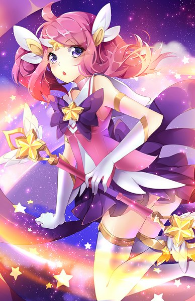 Anime picture 647x1000 with league of legends lux (league of legends) star guardian lux squchan single long hair tall image blush light erotic purple eyes pink hair bent knee (knees) parted lips pleated skirt looking back :o space girl thighhighs skirt