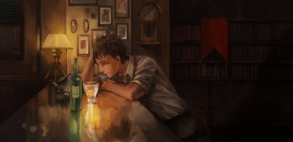 Anime picture 4000x1945 with original cp .ieng single highres short hair brown hair wide image brown eyes reflection boy animal shirt cat bottle drink lamp shelf wine glass bookshelf picture