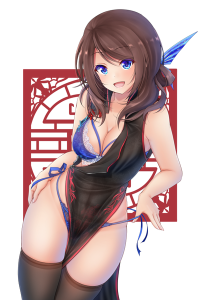 Anime picture 588x880 with original denpa (denpae29) single long hair tall image looking at viewer blush fringe breasts open mouth blue eyes light erotic simple background smile hair between eyes brown hair large breasts standing white background cleavage