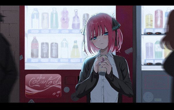 Anime picture 1555x983 with go-toubun no hanayome coca-cola nakano nino icarus (632247131) single looking at viewer blush fringe short hair blue eyes standing pink hair upper body nail polish head tilt two side up letterboxed girl hair ornament ribbon (ribbons)