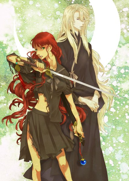 Anime picture 1500x2100 with twelve kingdoms long hair tall image looking at viewer blonde hair standing purple eyes holding green eyes red hair very long hair pleated skirt orange hair midriff couple torn clothes crescent girl boy skirt