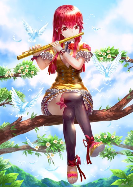 Anime picture 822x1150 with original kfr single long hair tall image looking at viewer fringe hair between eyes red eyes sitting full body bent knee (knees) red hair zettai ryouiki crossed legs soles mountain revision playing instrument girl