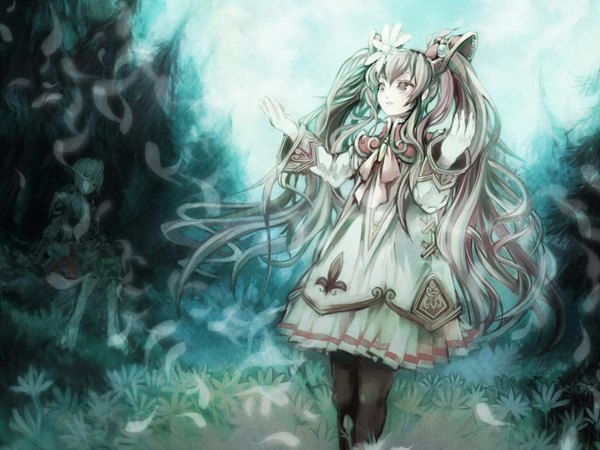 Anime picture 1024x768 with star ocean star ocean the last hope faize scheifa beleth lymle lemuri phi ef (artist) long hair twintails very long hair wallpaper outstretched hand nature dress flower (flowers) petals tree (trees) forest