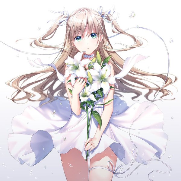 Anime picture 1000x1000 with original masuishi kinoto single long hair looking at viewer blush fringe simple background blonde hair hair between eyes white background holding green eyes two side up floating hair girl dress flower (flowers) ribbon (ribbons) choker