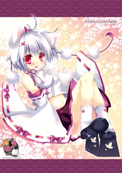Anime picture 1200x1698 with touhou inubashiri momiji hikanyan single tall image blush short hair open mouth red eyes animal ears white hair tail animal tail wolf ears wolf tail wolf girl girl skirt bow detached sleeves