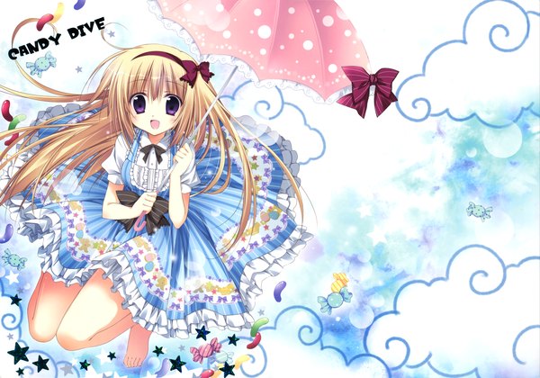 Anime picture 4712x3300 with korie riko single long hair blush highres open mouth blonde hair purple eyes absurdres scan bare legs girl dress bow food hairband sweets star (symbol) umbrella
