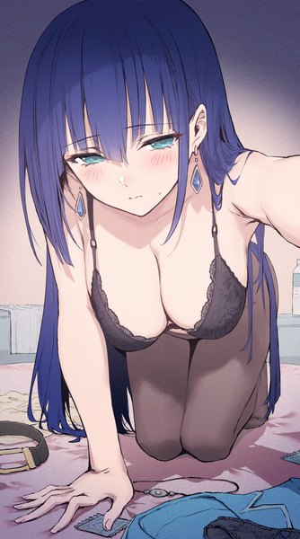 Anime picture 3356x6020 with engage kiss a-1 pictures yuugiri ayano haoni single long hair tall image looking at viewer blush fringe highres breasts light erotic hair between eyes large breasts blue hair absurdres cleavage bent knee (knees) indoors