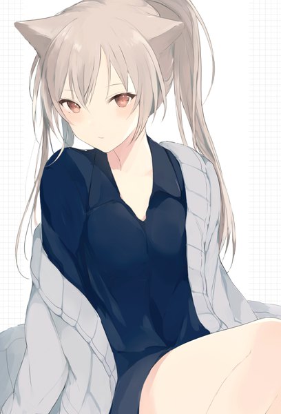 Anime picture 600x882 with original lpip single long hair tall image looking at viewer blush fringe simple background hair between eyes white background brown eyes animal ears cleavage ponytail head tilt grey hair cat ears girl cardigan