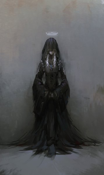 Anime-Bild 1400x2353 mit original pixiv fantasia pixiv fantasia revenge of the darkness novelance single long hair tall image simple background standing full body white hair long sleeves grey background wide sleeves covering eye (eyes) gothic girl dress black dress hood