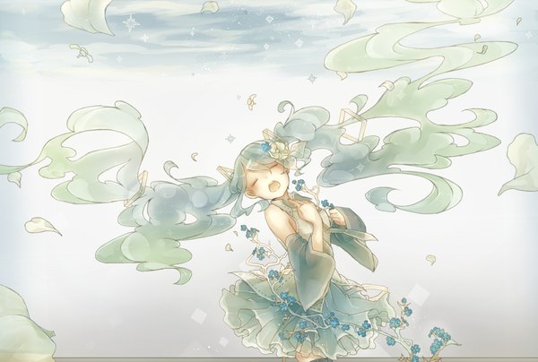 Anime picture 1630x1100 with vocaloid hatsune miku mizutamari tori single blush open mouth simple background eyes closed very long hair hair flower aqua hair hand on chest singing girl skirt hair ornament flower (flowers) detached sleeves petals necktie