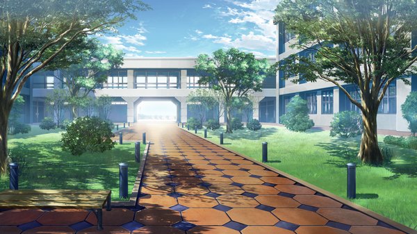 Anime picture 2560x1440 with grisaia no kajitsu highres wide image game cg sky cloud (clouds) plant (plants) tree (trees) building (buildings) grass bench