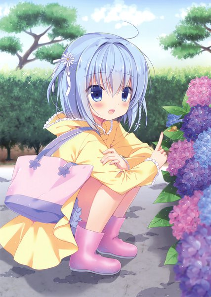 Anime picture 2489x3500 with original miyasaka miyu single tall image blush highres short hair open mouth blue eyes blue hair looking away scan official art loli girl flower (flowers) plant (plants) tree (trees) bag hydrangea