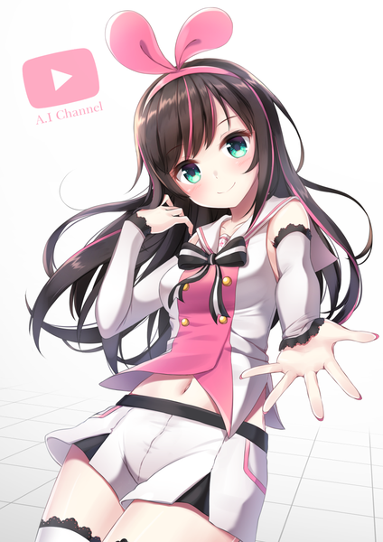 Anime picture 992x1403 with virtual youtuber a.i. channel kizuna ai mk82 (hoonsyh) single long hair tall image looking at viewer blush fringe simple background smile brown hair white background head tilt multicolored hair aqua eyes streaked hair copyright name outstretched hand