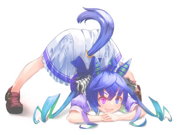 Anime picture 1080x826 with umamusume twin turbo (umamusume) hoshi umi single long hair fringe open mouth simple background hair between eyes white background twintails animal ears blue hair looking away full body ahoge tail :d animal tail pleated skirt