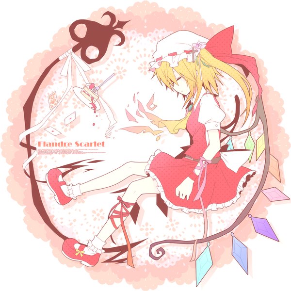 Anime picture 1400x1400 with touhou flandre scarlet kikugetsu single long hair short hair blonde hair ponytail eyes closed profile character names side ponytail girl skirt weapon wings food sweets bonnet skirt set