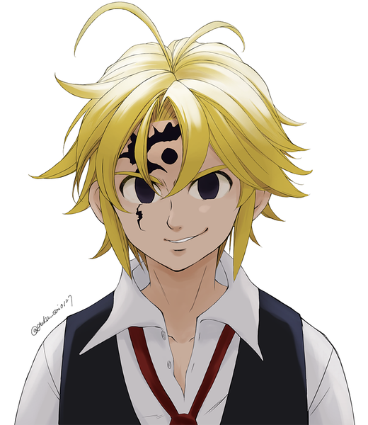 Anime picture 800x923 with nanatsu no taizai a-1 pictures meliodas harumiya single tall image looking at viewer fringe short hair simple background blonde hair smile hair between eyes white background signed upper body ahoge black eyes facial mark evil grin