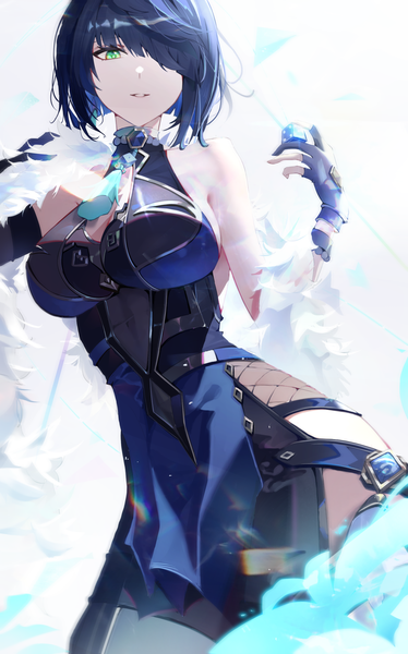 Anime picture 1589x2547 with genshin impact yelan (genshin impact) amir0 single tall image fringe short hair breasts large breasts green eyes blue hair hair over one eye from below girl gloves vision (genshin impact) partly fingerless gloves dice