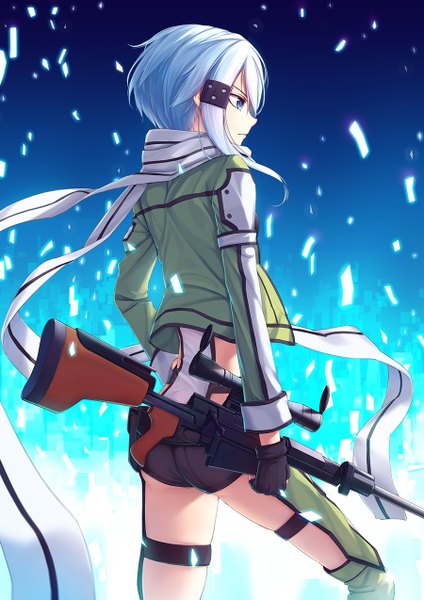 Anime picture 900x1273 with sword art online a-1 pictures asada shino nian (zhanian) single tall image short hair blue eyes blue hair looking away profile girl gloves weapon jacket shorts scarf gun sniper rifle