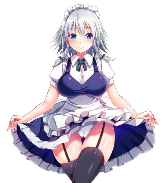 Anime picture 913x1000 with touhou izayoi sakuya ebi 193 single tall image looking at viewer blush fringe short hair breasts light erotic simple background smile hair between eyes large breasts white background purple eyes silver hair maid cameltoe