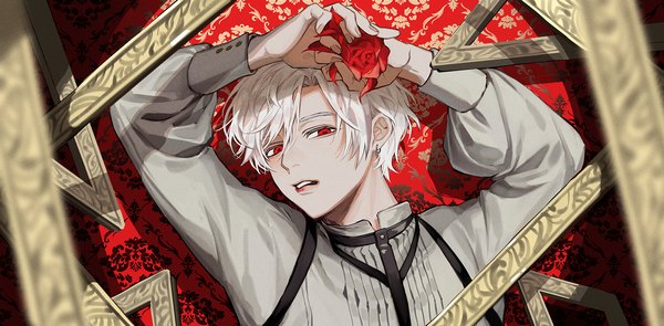 Anime picture 1500x738 with original uminonew single looking at viewer short hair red eyes wide image upper body white hair piercing ear piercing empty picture frame boy flower (flowers) shirt rose (roses) red rose picture frame grey shirt