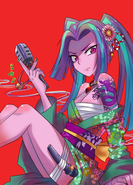 Anime picture 800x1112 with my little pony aria blaze iojknmiojknm single tall image looking at viewer light erotic sitting twintails payot blue hair purple hair very long hair nail polish traditional clothes japanese clothes pink eyes multicolored hair off shoulder arm support