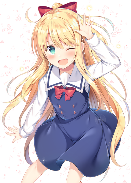 Anime picture 1238x1731 with watashi ni tenshi ga maiorita! himesaka noa tomoo (tomo) single long hair tall image blush fringe open mouth simple background blonde hair smile hair between eyes standing white background ponytail long sleeves one eye closed aqua eyes wink