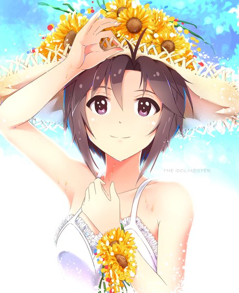 Anime picture 890x1090 with idolmaster kikuchi makoto ns.x single tall image looking at viewer fringe short hair black hair hair between eyes purple eyes bare shoulders upper body ahoge light smile sweat copyright name adjusting hat girl flower (flowers)