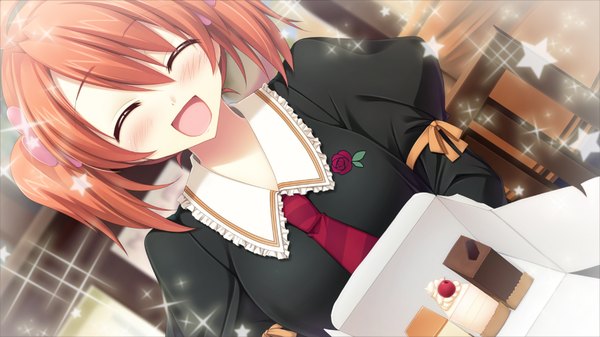 Anime picture 1280x720 with furuiro meikyuu rondo blush short hair open mouth wide image twintails game cg eyes closed orange hair short twintails girl dress uniform school uniform sweets cake