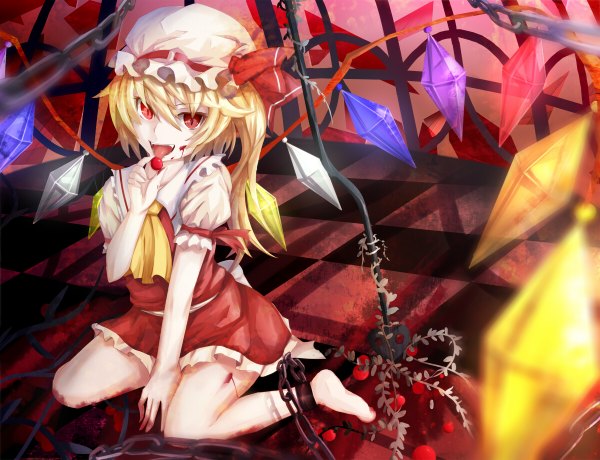 Anime picture 1200x920 with touhou flandre scarlet wakame mi single short hair blonde hair red eyes girl dress skirt weapon wings food blood chain skirt set berry (berries) crystal ascot laevatein (touhou)