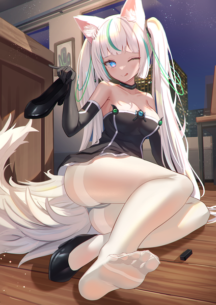 Anime picture 1654x2339 with original f (milfaaaaa) single long hair tall image looking at viewer fringe breasts blue eyes light erotic smile sitting twintails bare shoulders holding animal ears cleavage ass white hair tail