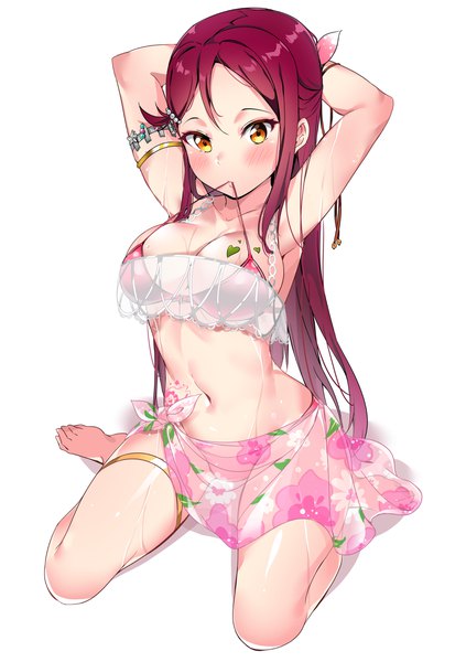 Anime picture 3096x4392 with love live! sunshine!! sunrise (studio) love live! sakurauchi riko tem10 single long hair tall image looking at viewer blush highres breasts light erotic simple background large breasts white background sitting holding yellow eyes absurdres