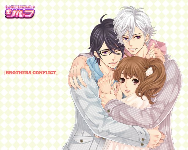 Anime picture 1280x1024 with brothers conflict idea factory asahina tsubaki asahina azusa ema (brothers conflict) looking at viewer smile hair between eyes brown hair purple eyes brown eyes blue hair silver hair purple hair ponytail one eye closed light smile wink mole multiple boys