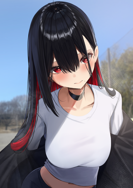 Anime picture 2508x3541 with original amane sora single long hair tall image looking at viewer blush fringe highres breasts black hair hair between eyes red eyes standing sky outdoors red hair head tilt multicolored hair mole