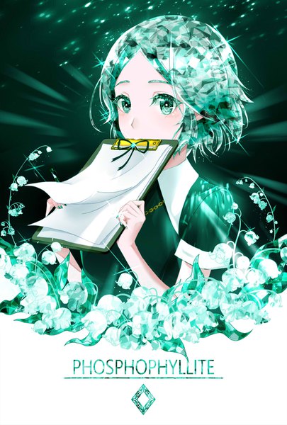 Anime picture 1180x1746 with houseki no kuni phosphophyllite osage single tall image short hair holding green eyes upper body green hair sparkle character names androgynous uniform flower (flowers) paper lily of the valley