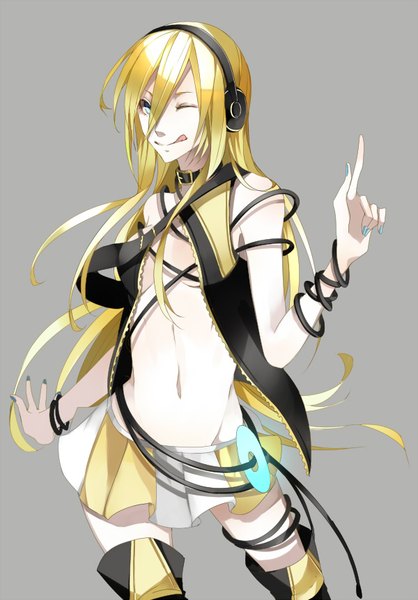 Anime picture 600x861 with vocaloid lily (vocaloid) jin.x single long hair tall image fringe blue eyes light erotic simple background blonde hair hair between eyes standing nail polish pleated skirt one eye closed wink grey background groin blue nail polish