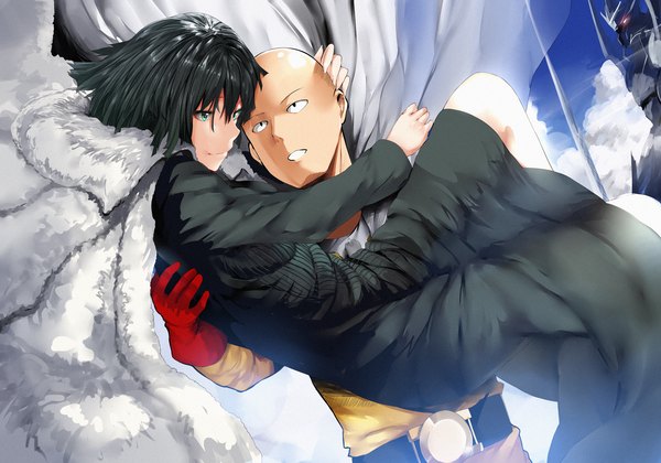Anime picture 5000x3500 with one-punch man madhouse fubuki (one-punch man) saitama (one-punch man) hews highres short hair blue eyes black hair absurdres couple bald superhero girl dress boy gloves cloak red gloves