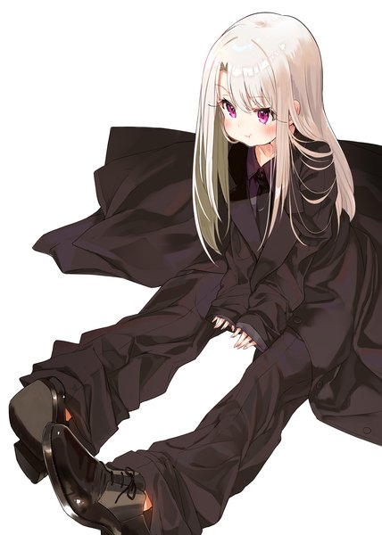 Anime picture 1426x2000 with fate (series) fate/kaleid liner prisma illya illyasviel von einzbern miruto netsuki single long hair tall image blush fringe simple background hair between eyes white background sitting purple eyes payot looking away full body white hair alternate costume sleeves past wrists