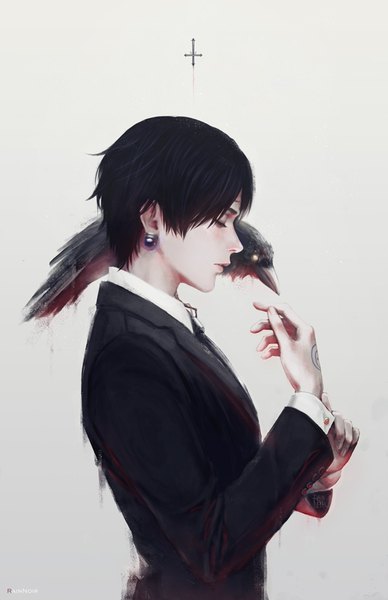 Anime picture 600x927 with hunter x hunter chrollo lucilfer rainnoir single tall image short hair black hair simple background standing signed upper body eyes closed long sleeves profile grey background arms up forehead mark adjusting clothes animal on shoulder bodypaint