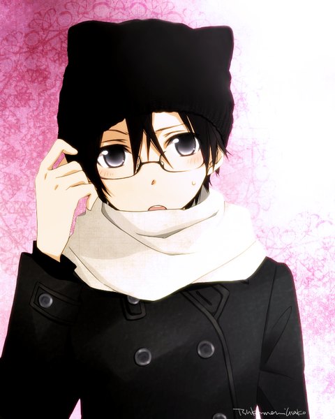 Anime picture 680x850 with sword art online a-1 pictures kirigaya kazuto tsukimori usako single tall image looking at viewer blush short hair open mouth black hair simple background signed black eyes pink background boy glasses scarf coat cap