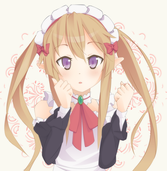Anime picture 1174x1200 with outbreak company feel (studio) myucel foalan maymin single long hair tall image looking at viewer blush open mouth brown hair white background purple eyes twintails pointy ears maid girl dress headdress maid headdress