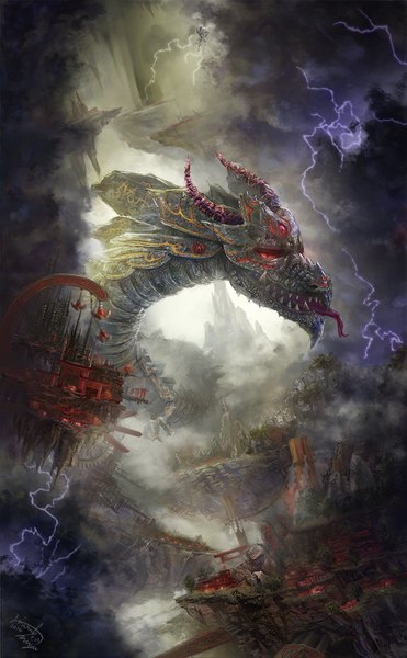 Anime picture 680x1100 with original miyai haruki tall image signed cloud (clouds) dated mountain no people fantasy lightning floating island dragon island flying castle
